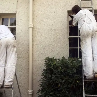 Two decorators on ladders painting the outside of a rendered house